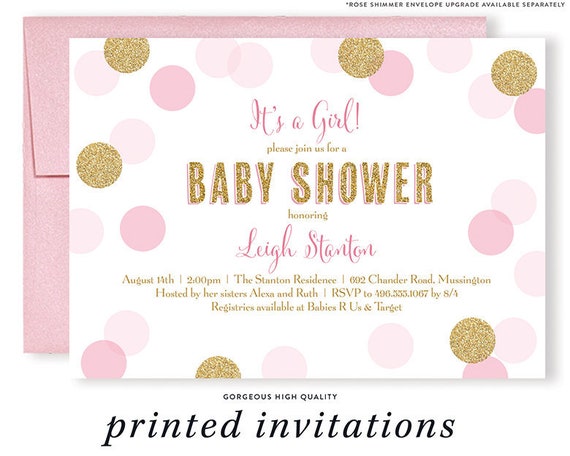 blush pink gold baby shower invitation girl glitter polka dots