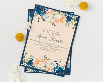 Peach Blue Bridal Shower Invitation, Floral Watercolor Flowers Bridal Invite, Navy Bridal Shower Invitation Print, Boho Bridal Shower Invite