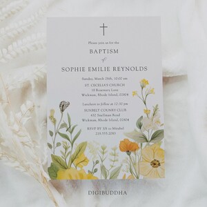 Convite de batismo com flores amarelas rústicas, convite de batismo com flores silvestres, convite de batismo com flores silvestres, convite de batismo com flores silvestres para meninas amarelas
