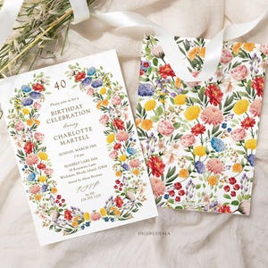 Modèle d'invitation de garden-party, ensemble d'invitations d'anniversaire de fleurs sauvages, invitation de fête d'anniversaire de fleurs sauvages pour adultes, cartes de 40e anniversaire imprimées