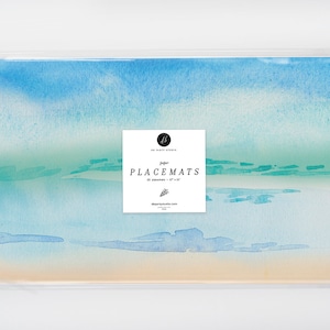 Ocean Beach Paper Placemats, Disposable Seaside Bachelorette Party Decorations Boho, Blue Watercolor Paper Place Mats for Dining Tables