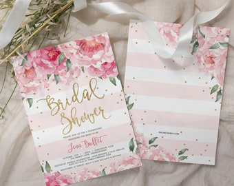 Blush Pink Peony Bridal Shower Invitation Printed, Rustic Floral Summer Peonies, Pink Rose Bridal Shower Invitation, Peony Watercolor Bridal