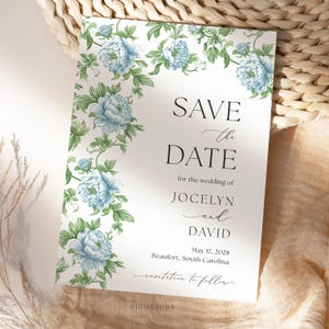 Charleston blauwe chinoiserie Save The Date, iets blauws trouwaankondiging Grandmillennial Blue, klassieke blauwe toile chinoiserie STD-kaart