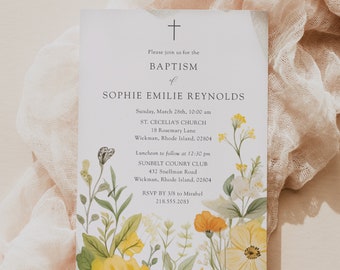 Spring Yellow Flowers Baptism Invitation, Elegant Christening Invite, Yellow Wildflower Baptism Invitation, Girls Spring Boho Baptism Invite