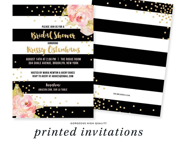 BLACK & WHITE BRIDAL Shower Invitation Pink Peonies Black Stripes Gold Glitter Confetti Invite Rose - Krissy Il_570xn