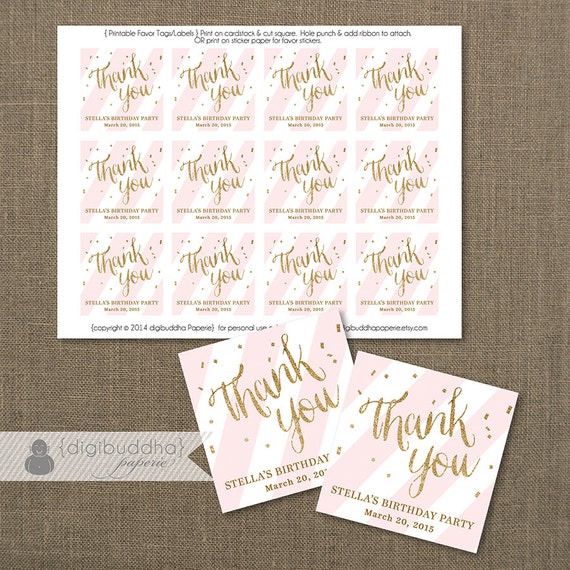 Pink + Gold FAVOR TAGS Bridal Shower Blush Pink Stripe Wedding Hen Party Labels Thank You Tags 2.25" Square DIY Printable or Printed- Stella Il_570xn