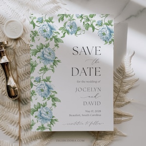 Reserve a data em tecido, casamento no jardim, reserve a data romântico vintage, cartões de anúncio de data de casamento impressos em azul francês