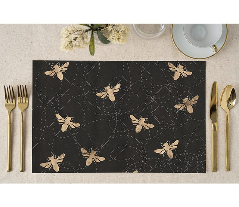 Black Bee Paper Placemats for Garden Party Bridal Shower Table Decor by Digibuddha