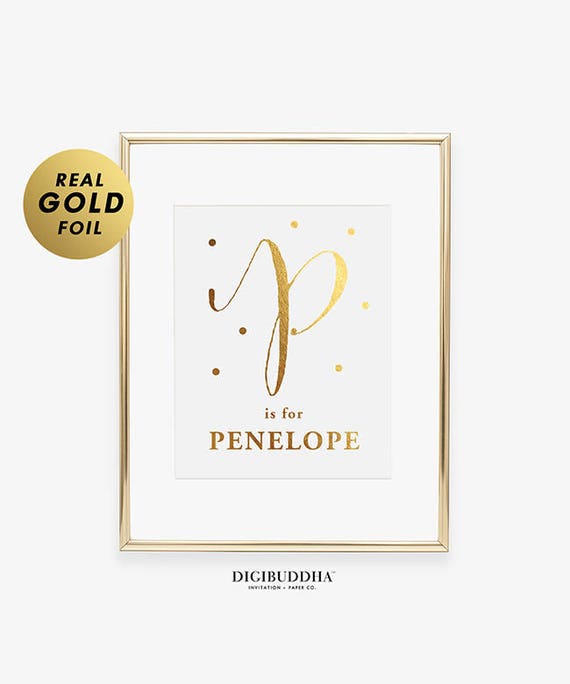 BABY MONOGRAM Foil Print Personalized NURSERY P is for Penelope Calligraphy Decor Script Name Girl Kids Room Poster Wall Art D19 Il_570xn