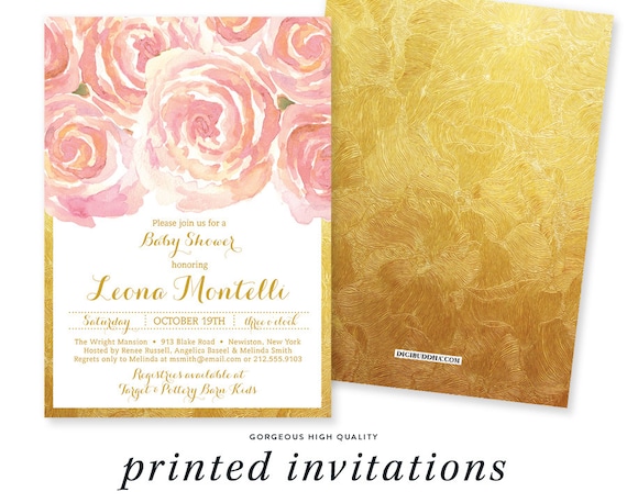 GIRL BABY SHOWER Invitation Blush Pink Gold Baby Shower Invites Rose Shabby Chic Flower Faux Foil - Leona Il_570xn