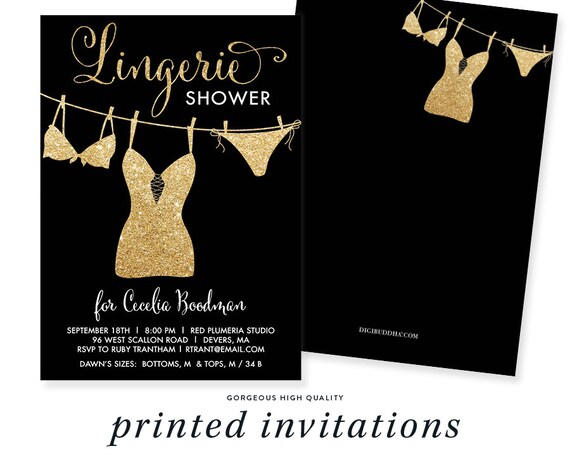 BLACK + GOLD LINGERIE Shower Invitation Black Gold Glitter Calligraphy Bachelorette Modern Glam - Cecelia Il_570xn