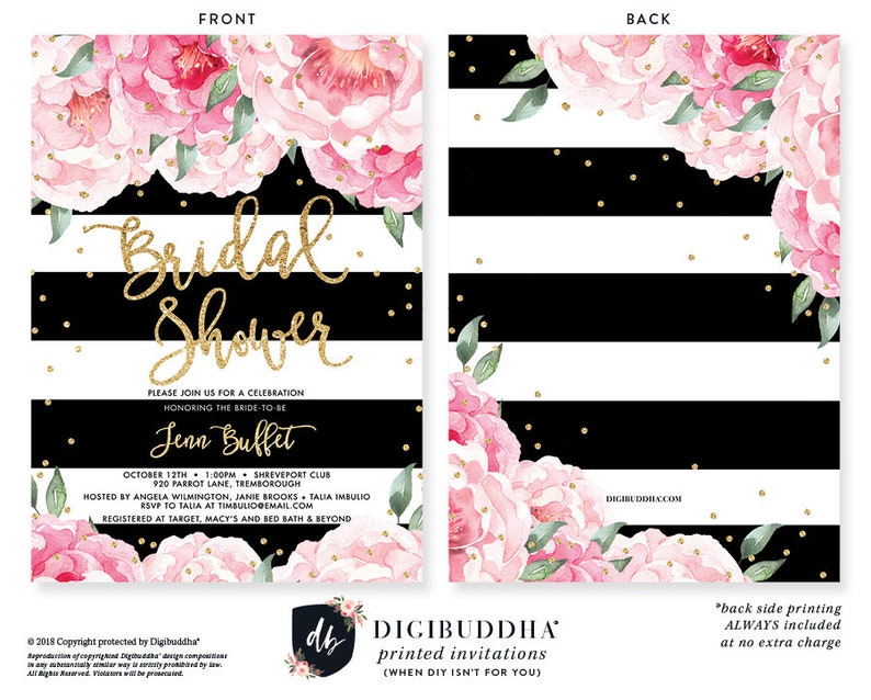 Black Stripe Peony Bridal Shower Invitations by Digibuddha