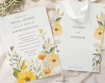 Yellow Wildflower Bridal Shower Invitations, Garden Bridal Shower Invites Printed Boho Floral Wedding Shower Invitations Bride to Bee Invite