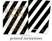 Gold & Black and White Graduation Party Invitation, Printed Grad Party Invites, Glitter Stripes High School College Graduate - Wendy