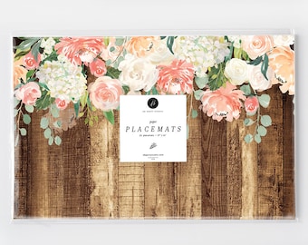 Rustic Garden Paper Placemats, Bridal Shower Garden Theme Party Placemat, Floral Wedding Shower Paper Place Mats, Woodsy Decor, Hostess Gift