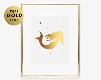 Mermaid Foil Art Print, Little Mermaid Decor for Nursery, Girls Room Decor, Real Gold Foil Print for Kids Room, Nautical Wall Art C31