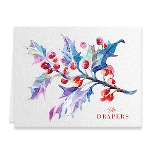Aquarel maretak gevouwen kerstkaarten, maretak kerstkaart, personaliseren met familienaam, Happy Holidays-kaartenset, personaliseer kaart