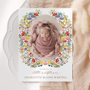 Faire-part de naissance fille, imprimé fleurs, faire-part nouveau-né fleurs sauvages avec photo, faire-part nouveau-né été