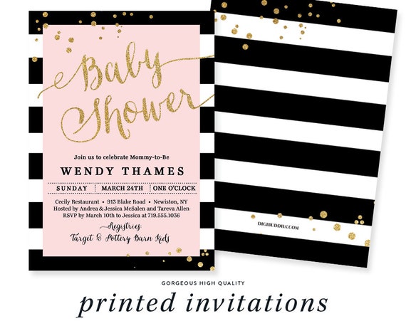 BLACK STRIPE & PINK Baby Shower Invitation Modern Blush Gold Glitter Confetti Whimsical Baby Girl - Wendy Il_570xn