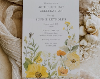 Wildflower Tea Birthday Party Invitations, Girly Birthday Invitations, 40th Birthday Party Invitations, Summer Wildflower Birthday Invites