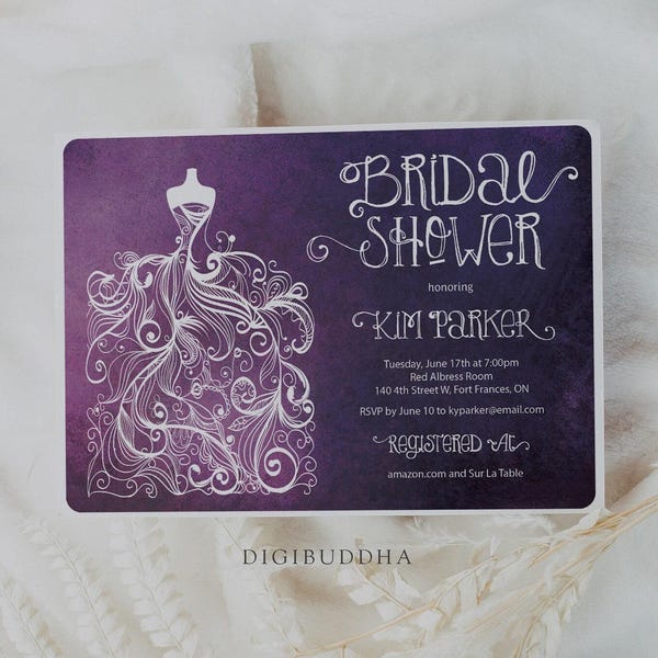 Purple Watercolor Bridal Shower Invitations Printed, Personalized Bridal Shower Invite, Wedding Dress Bridal Shower Invitation, Modern Bride