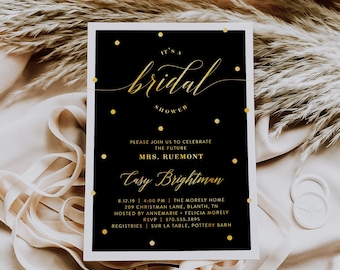 Black and Gold Dots Bridal Shower Invitations Printed, Custom Bridal Shower Invites, Chic Gold Invitations, Printed Black Gold White Invites