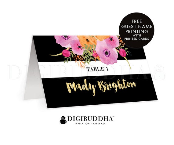 Black + White Striped TENTED PLACE CARDS Wedding Escort Card Folded or Flat Placecards Flowers Gold Glitter Modern Rehearsal Dinner - Mady Il_570xn