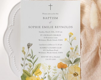 Cute Wildflower Baptism Invites, Boho Floral Baby Girl Christening, Baptism Invitation Girl, Yellow Greenery Florals Christening Invites