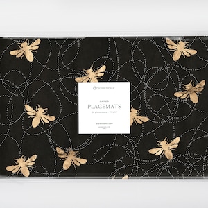 Black Bee Paper Placemats, Boho Placemats Set of 25, Garden Party Bridal Shower Table Decor, Disposable Place Mats for Dining Table