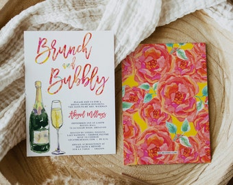 Floral  Brunch and Bubbly Bridal Shower Invitations, Elegant Red and Pink Bridal Shower Invite, Custom Bride-to-Be Invitation, Brunch Invite