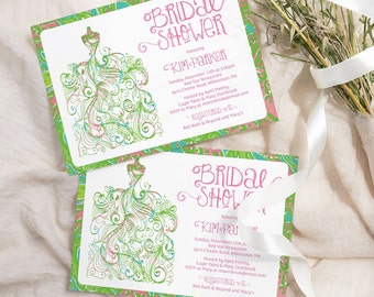 Paisley Bridal Shower Invitations Printed, Wedding Dress Bridal Shower Invitation, Preppy Pink and Green Bridal Invite, Custom Bridal Invite