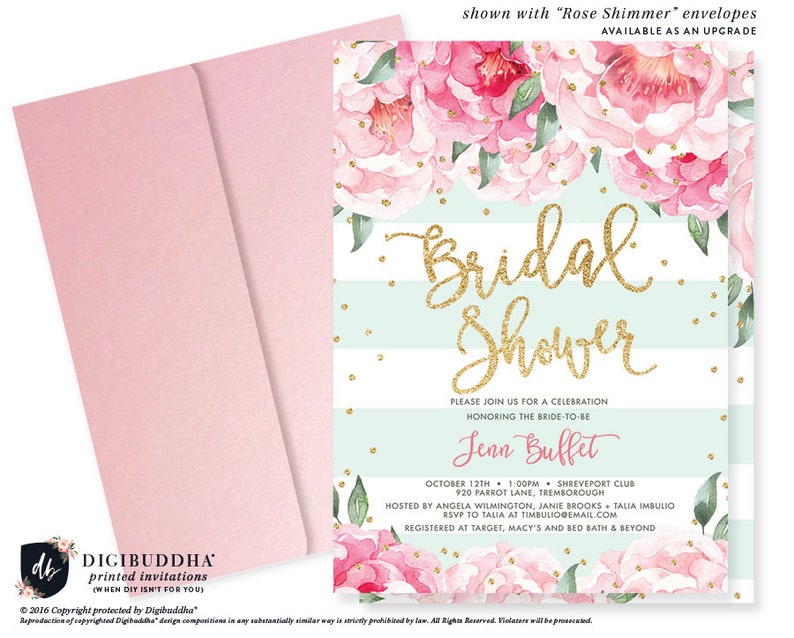 Peony Mint and Gold Bridal Shower Invitations featuring elegant pink peony, chic mint stripe design, unique floral custom invites, sophisticated bride-to-be brunch, mint and gold bridal celebration, stylish bridal shower colors, fresh and modern