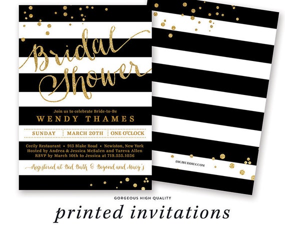 Black & White Stripe Bridal Shower Invitation Printed Gold Glitter Bridal Shower Invites Printed Invitation Bridal Shower Black and White Il_570xn