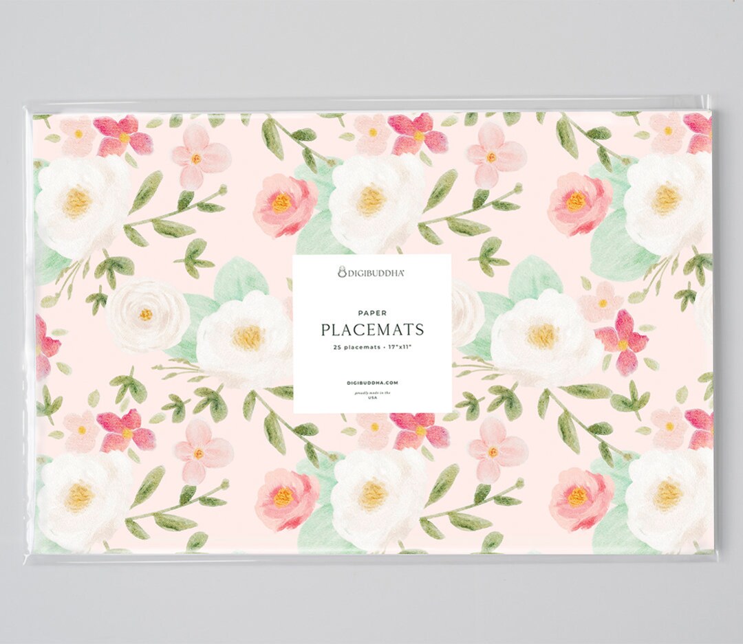Blush Floral Paper Placemats, Bridal Shower Garden Party Placemat