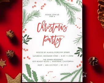 Holly Festive Christmas Party Invitations, Printed Holiday Party Invitations, Elegant Christmas Invitation, Evergreen Christmas Invite, Chic