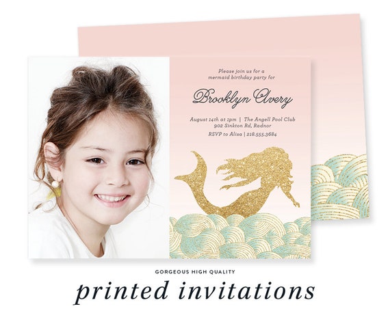 MERMAID BIRTHDAY INVITATION Blush Pink + Gold Glitter Photo Aqua Waves Ocean Girl Party - Brooklyn Il_570xn