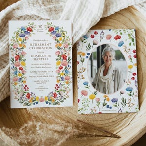 Flowers Retirement Invitation with Photo, Printed Invitation for Retirement Celebration, Wildflower Floral Retirement Party Invite for Women