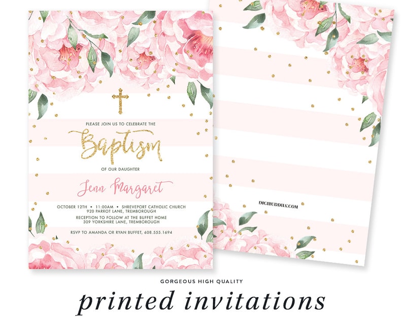Floral Baptism Invitation Baby Girl Christening Invite Girl Etsy