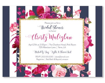 Pink and Blue Wedding Shower Invite, Hot Pink Bridal Shower Invitation, Floral Elegant Bridal Brunch Invite, Magenta Fuchsia Shower Invites