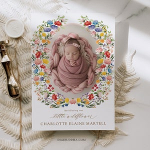 Anuncio de foto de niña boho, anuncio de bebé de bienvenida floral pastel bastante rosa, tarjeta de recién nacido de flores silvestres impresa, flores de primavera