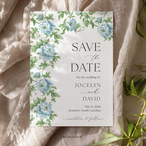 Tarjetas de invitación floral azul y verde, anuncios de boda clásicos impresos, tarjetas de invitación floral azul atemporales, tarjetas de invitación vintage