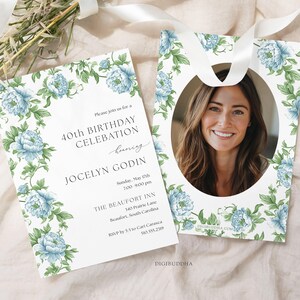 Faire-part 40e anniversaire, invitations d'anniversaire chinoises bleues pour femme, faire-part 50e anniversaire bleu Français, faire-part d'anniversaire imprimé bleu poussiéreux