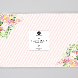Stripe Blush Pink Paper Place Mats, Floral Paper Placemats for Rehearsal Dinner Decorations for Table, Garden Party Placemat, Modern, 25 pk
