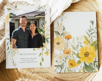 Yellow Floral Moving Cards, Custom Printed We've Moved Have a New Home PHOTO Moving Cards, Personalized Card to Announce Change of Address