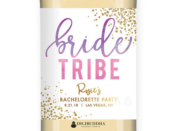 BRIDE TRIBE WINE Label Bachelorette Party Favors Purple Pink Ombre Champagne Bottle Label Hen Party Glitter Personalized Bridal Wine - Rosie Il_570xn