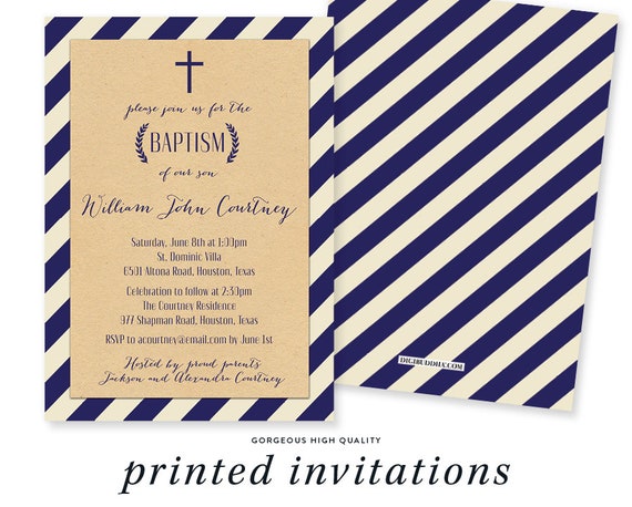 Kraft Stripe Boy Baptism Invitation Navy Stripe Cross Christening Baby Blue Christian - Courtney Il_570xn