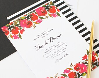 Rose Bridal Shower Invitations, Black and White Stripes Invitations, Garden Party Invitations, Southern Bridal Shower Invites, Elegant Roses