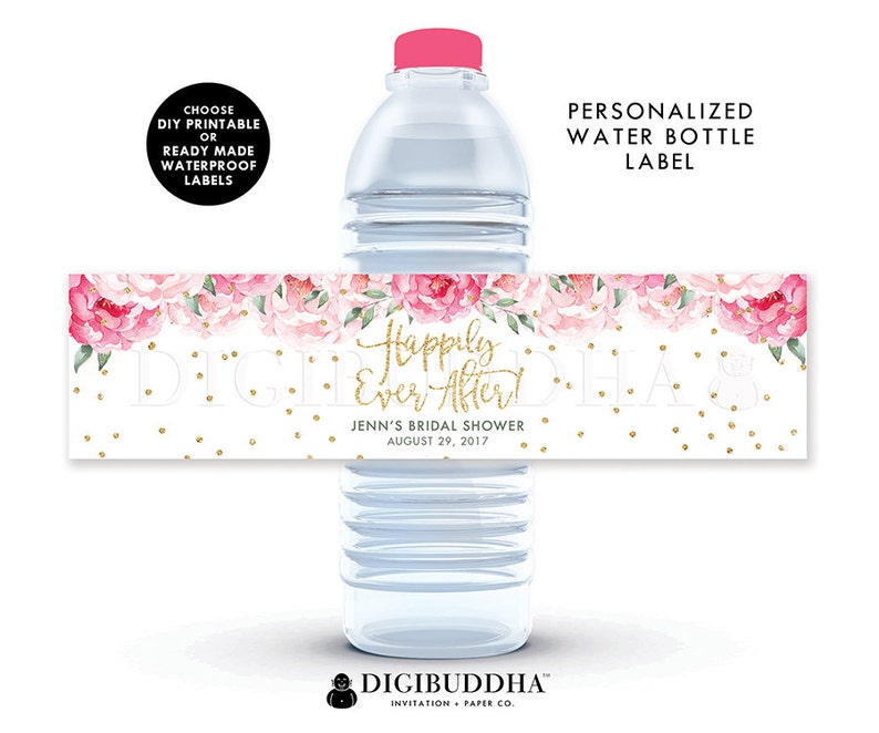 Floral Bridal Shower Water Bottle Label Water Bottle Label Custom Labels Custom Happily Ever After Printed or DIY Waterproof Labels Jenn image 1