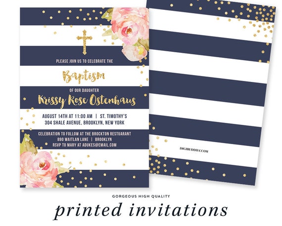 GIRL BAPTISM INVITATION Girl Christening Invitation Party First Birthday Invite Pink Peony Navy Stripe Gold Glitter - Krissy Il_570xn