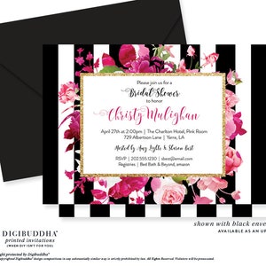 Magenta Floral Black Striped Bridal Shower Invitations, Elegant Pink Gold Wedding Invites, Unique Custom Bride-to-Be Celebration, Chic Bridal Brunch, Sophisticated Gold Frame Design, Ideas for Bridal Shower, Black and White Stripe Theme